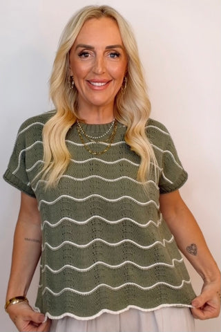 DROP SHORT SLEEVE SCALLOP STRIPED PATTERN KNIT SWEATER TOP