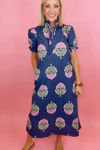 MIDNIGHT BLOOM RUFFLE COLLAR MIDI DRESS