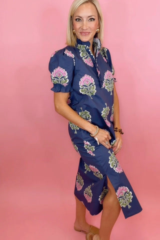 MIDNIGHT BLOOM RUFFLE COLLAR MIDI DRESS
