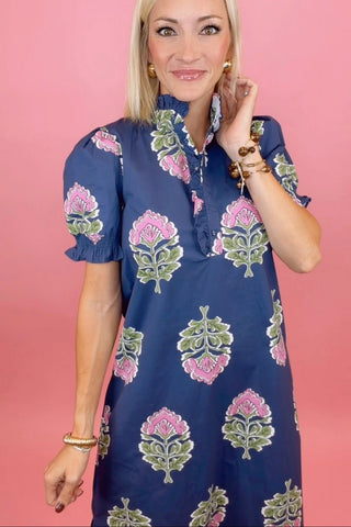 MIDNIGHT BLOOM RUFFLE COLLAR MIDI DRESS