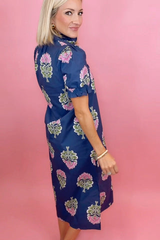 MIDNIGHT BLOOM RUFFLE COLLAR MIDI DRESS