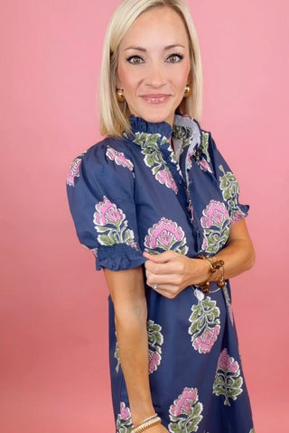 MIDNIGHT BLOOM RUFFLE COLLAR MIDI DRESS