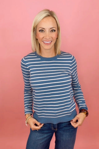 CREWNECK LONG SLEEVE BASIC STRIPED PULLOVER SWEATER