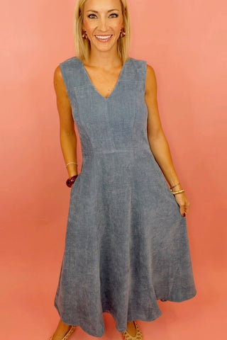 SLEEVELESS STRETCH SUEDE V NECK MIDI FIT AND FLARE DRESS WITH POCKETS