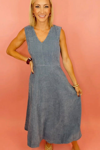 SLEEVELESS STRETCH SUEDE V NECK MIDI FIT AND FLARE DRESS WITH POCKETS
