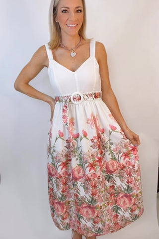 REMI V-NECK FLORAL PLACEMENT MIDI DRESS
