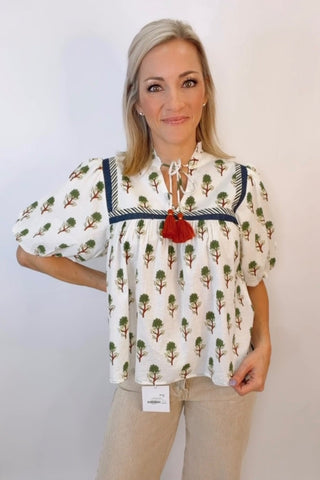 FLORAL TASSEL TIE BALLOON SLEEVE TOP