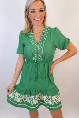 TAYLOR EMBROIDERY RUFFLE HEM MINI DRESS