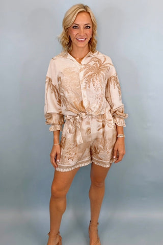 TROPICAL PALM TREE BUTTON DOWN LONG SLEEVE TIE TOP