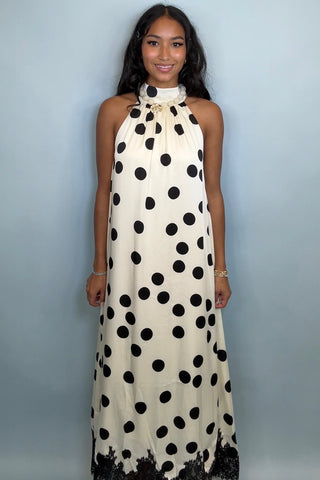 POLKA DOT LACE TRIM MAXI DRESS