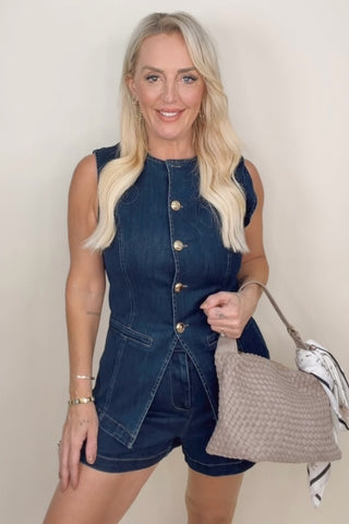 MADELINE DENIM SLEEVELESS BUTTON UP VEST