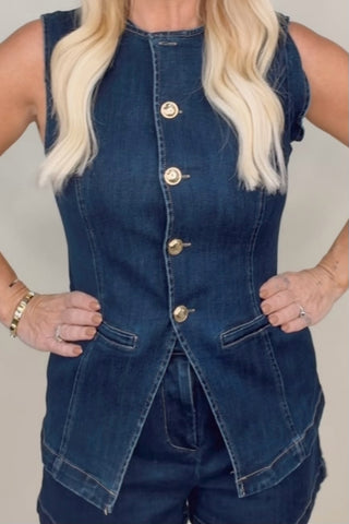 MADELINE DENIM SLEEVELESS BUTTON UP VEST