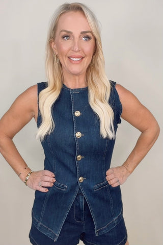 MADELINE DENIM SLEEVELESS BUTTON UP VEST