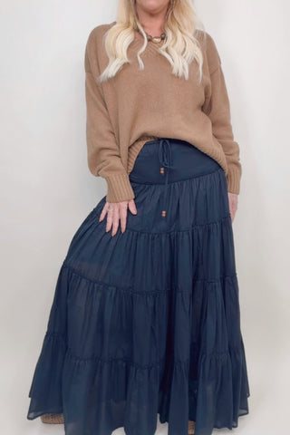 COASTAL NIGHTS BEADED TIERED MAXI SKIRT