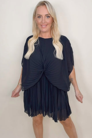 PLEATED FRONT TWIST FLOWY SLEEVE DRESS
