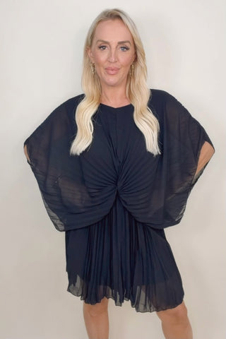 PLEATED FRONT TWIST FLOWY SLEEVE DRESS