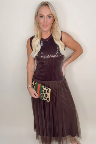 ESPRESSO ELEGANCE TULLE MIDI DRESS