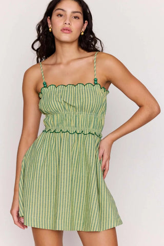Capri Mini Dress - Green Stripe Linen Blend Scallop | STMT Boutique Capri Mini Dress - Green Stripe Linen Blend Scallop | STMT Boutique
