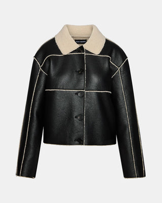 Black leather jacket with beige collar on a light gray background