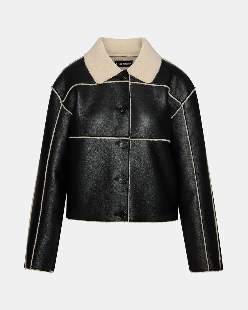 Black leather jacket with beige collar on a light gray background