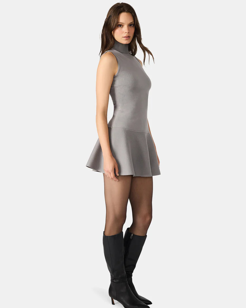 Woman wearing a gray sleeveless dress with a fitted bodice and flared skirt on a white background.