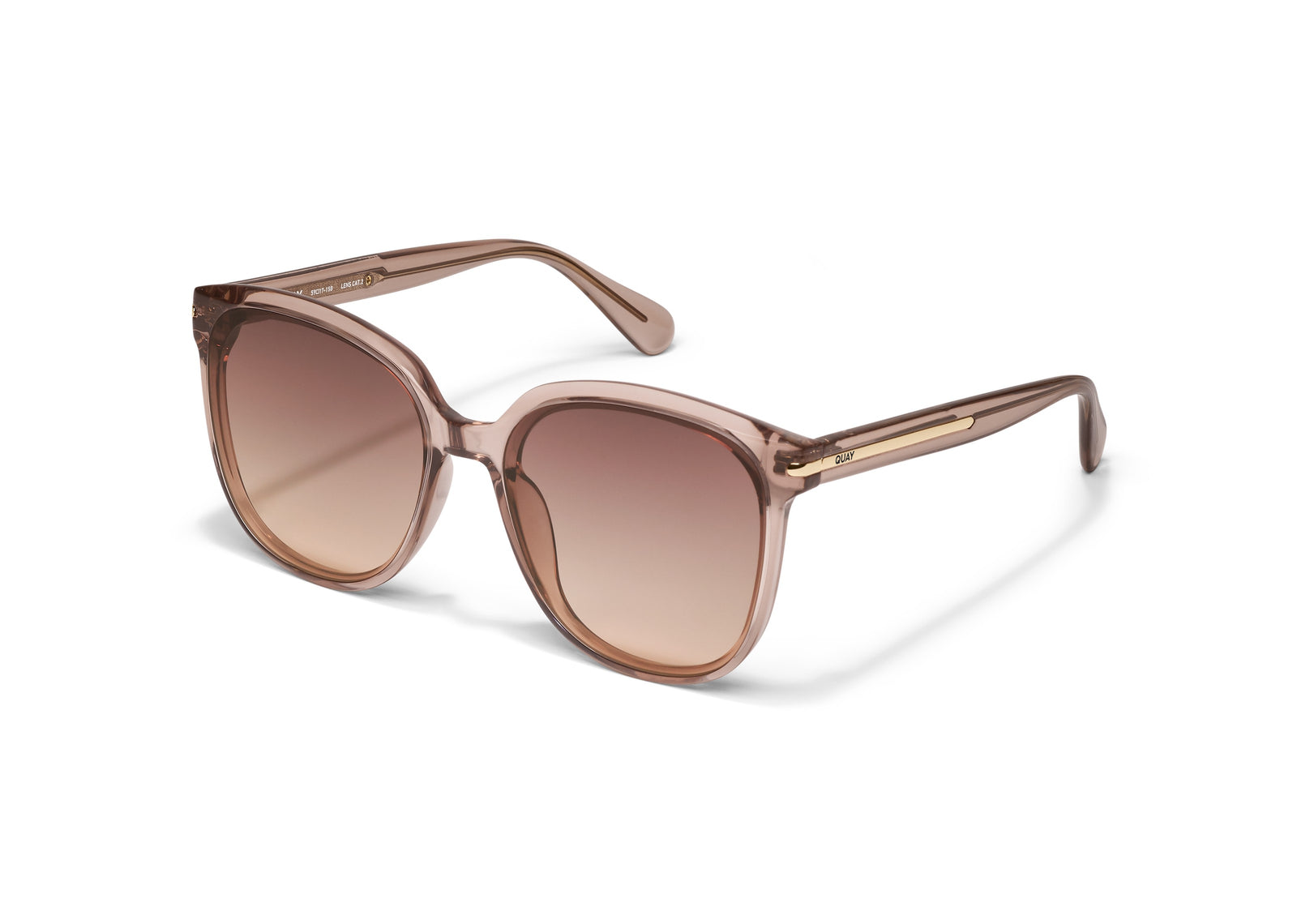 A pair of oversized round sunglasses with a pink frame and clear lenses.