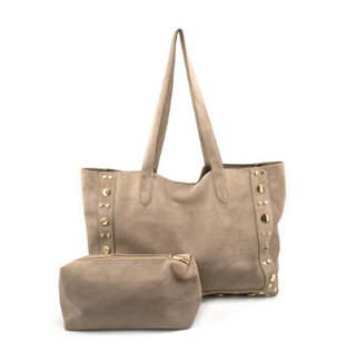 Beige tote bag with gold studs and matching pouch on a white background
