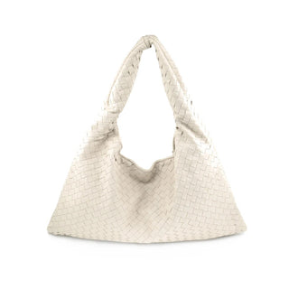 White woven handbag on a white background
