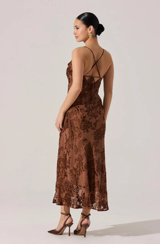 Woman wearing a brown lace dress against a plain background