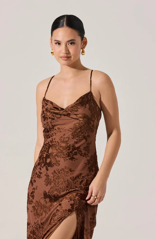Woman wearing a brown lace dress against a plain background