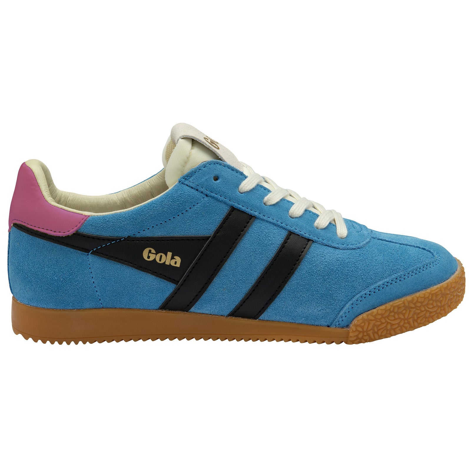 A blue, black, and fuchsia women's sneaker with a Gola logo on the side and a gum outsole.
