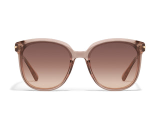 A pair of oversized round sunglasses with a pink frame and clear lenses.