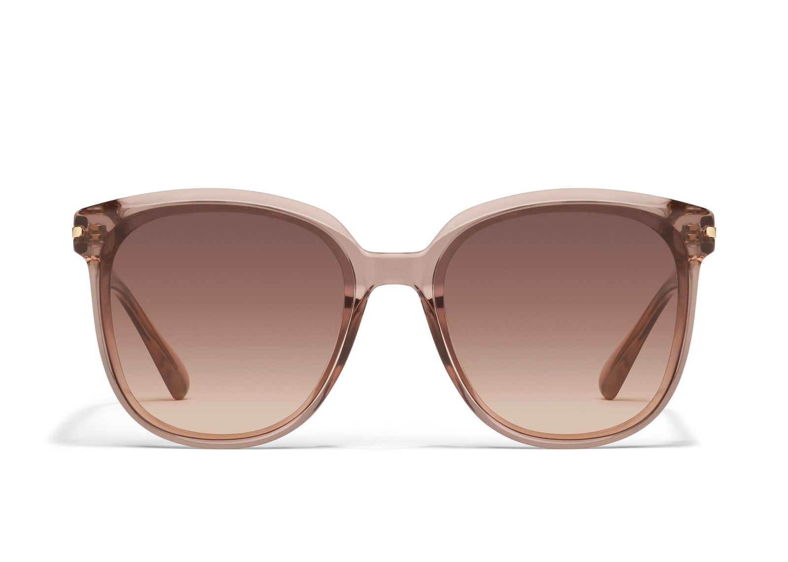 A pair of oversized round sunglasses with a pink frame and clear lenses.
