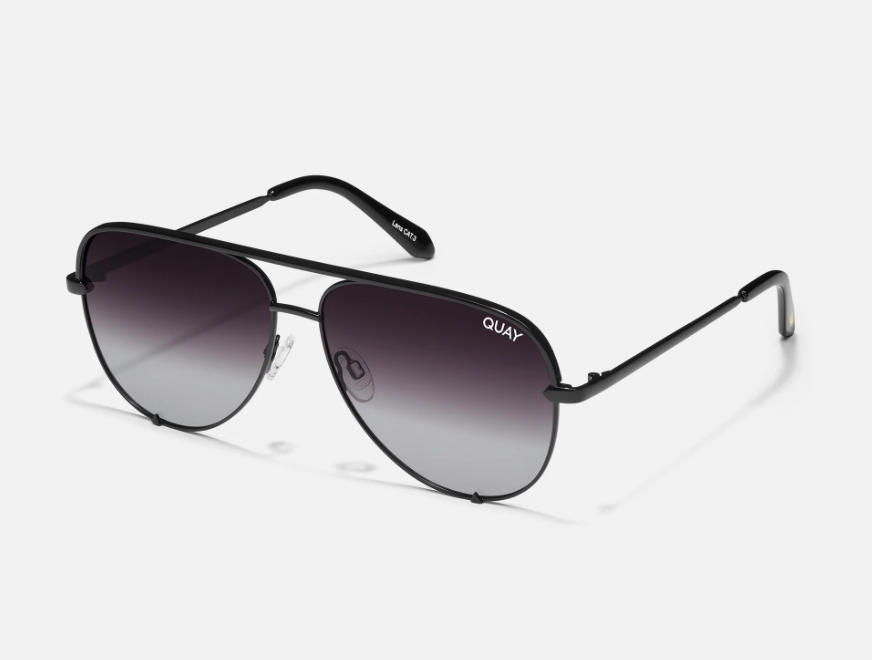 Black aviator sunglasses with gradient lenses on a white background