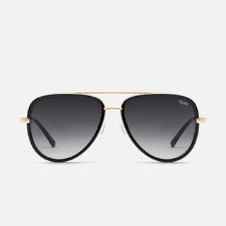 A pair of black frame aviator sunglasses with smoke polarized lenses and gold accents on the frame.