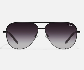 A pair of black aviator sunglasses with polarized lenses and metal arms.