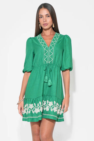 TAYLOR EMBROIDERY RUFFLE HEM MINI DRESS