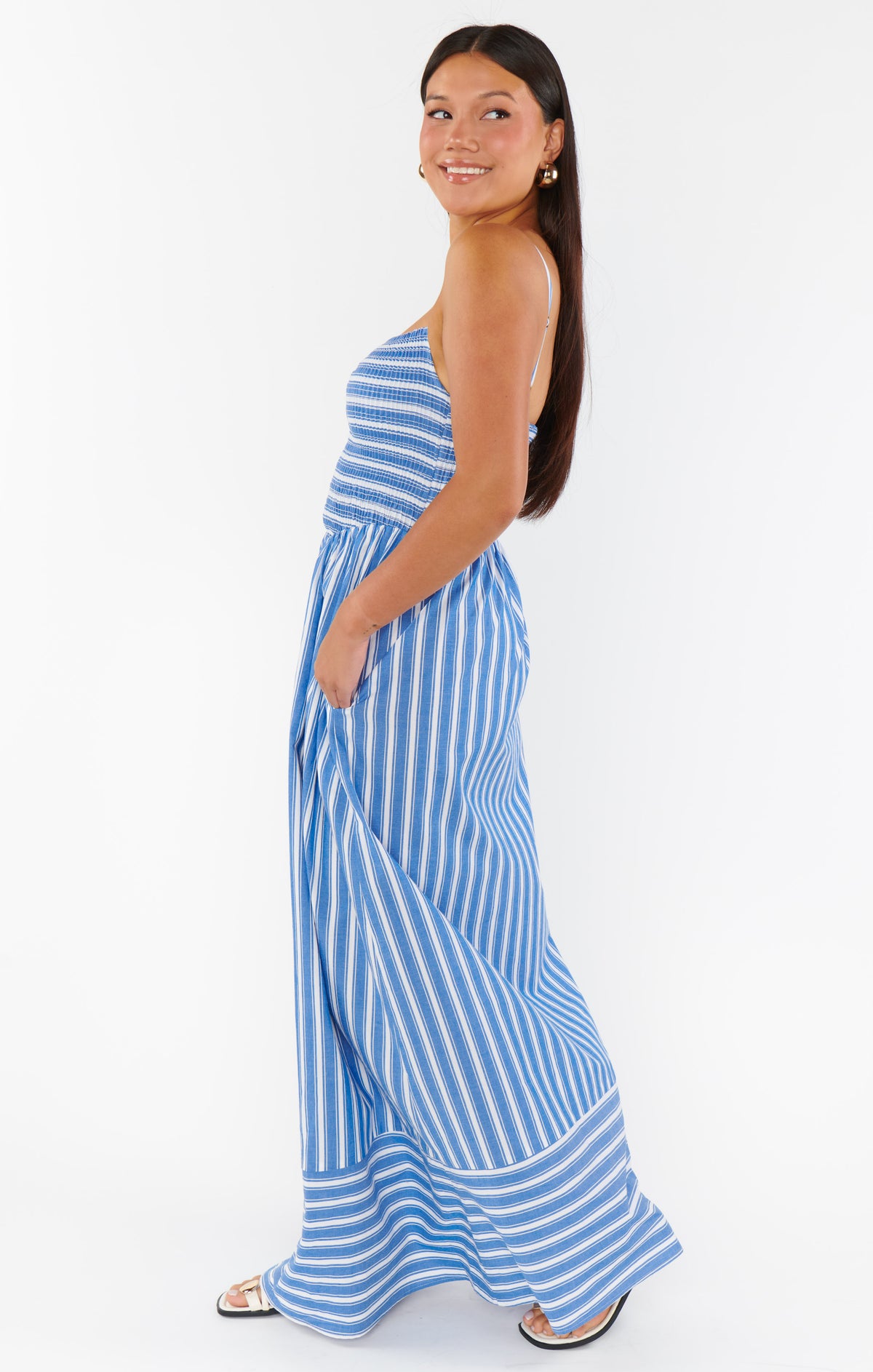 Woman styling Dixie Stripe Maxi Dress for casual and chic looks
