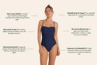 Woman wearing a navy swimsuit