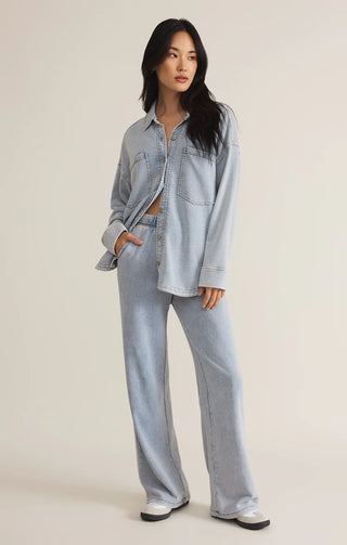 Woman wearing ALL DAY knit denim jacket STMT BOUTIQUE 