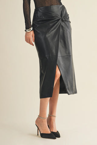 MIDNIGHT KNOT FAUX LEATHER WRAP MIDI SKIRT