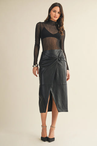 MIDNIGHT KNOT FAUX LEATHER WRAP MIDI SKIRT
