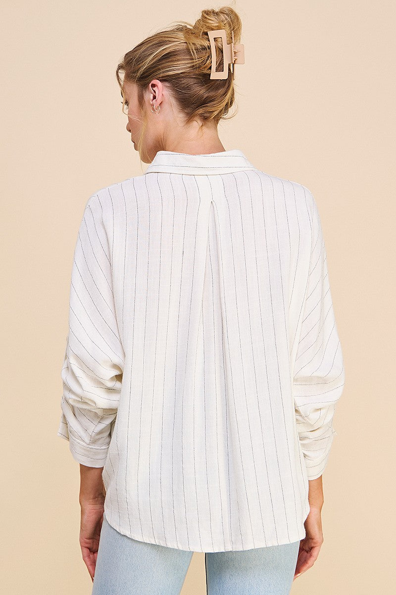 LINEN BLEND PINSTRIPE DOLMAN SHIRT