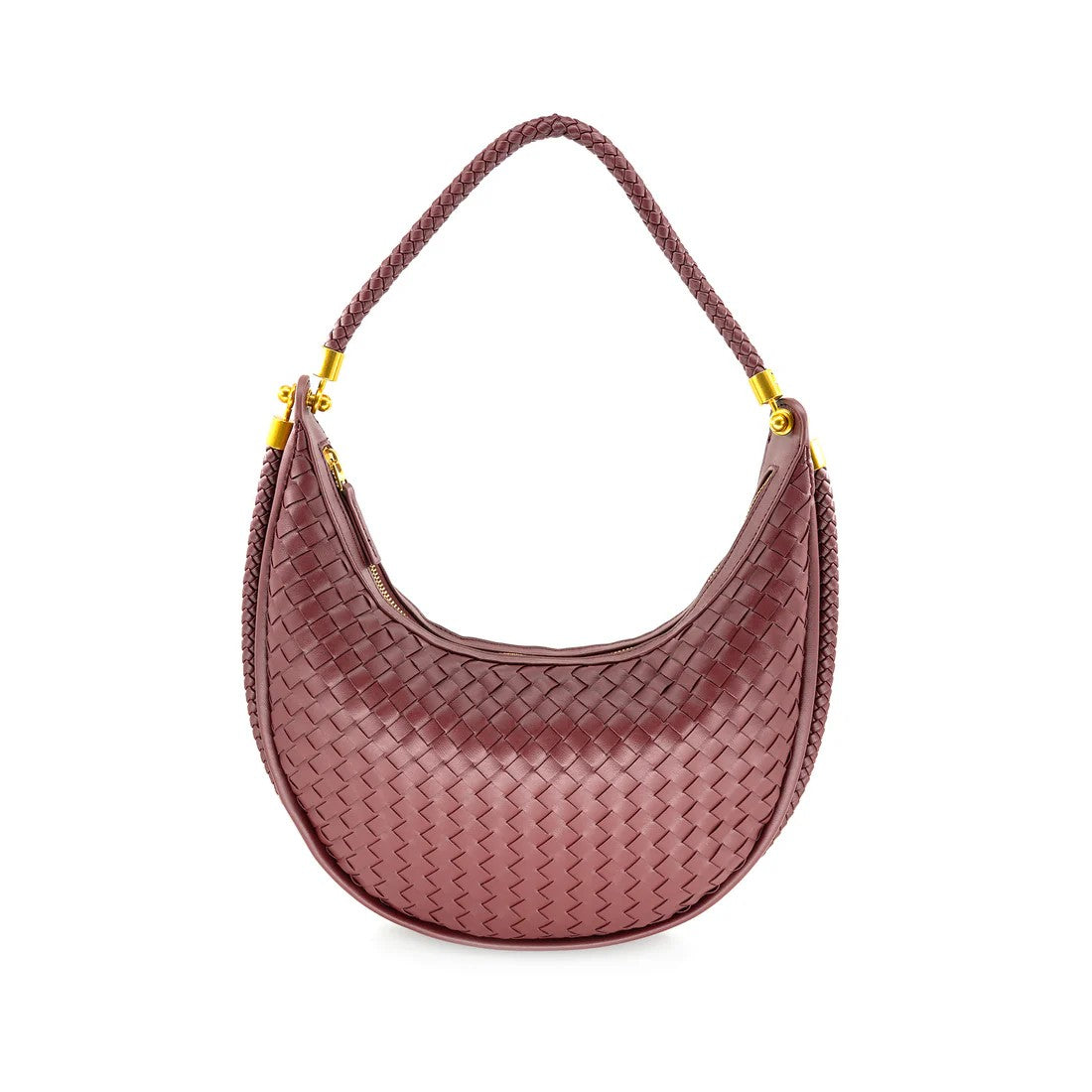 Woven handbag with braided handle on a white background