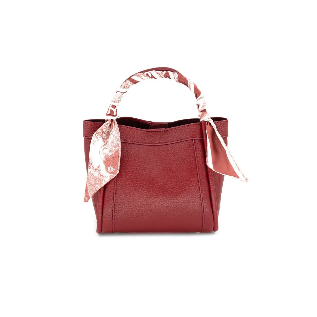 Red handbag with a floral handle on a white background
