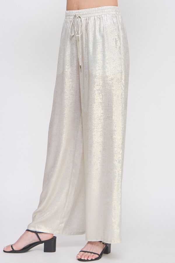Beige wide-leg pants with a drawstring waist on a white background