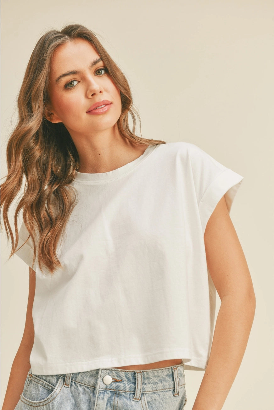 ROUND NECK CUFFED SLEEVE TOP