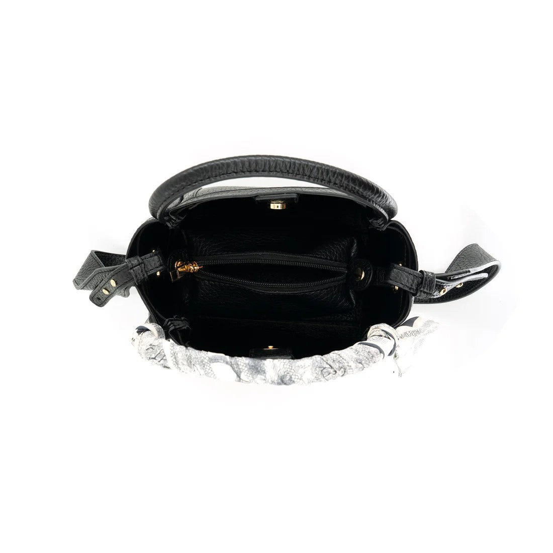 Black handbag with a decorative white scarf on a white background