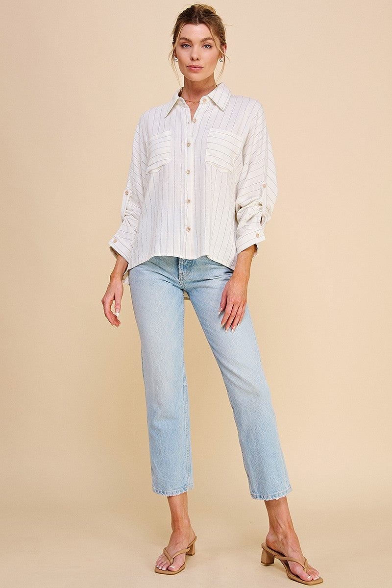 LINEN BLEND PINSTRIPE DOLMAN SHIRT