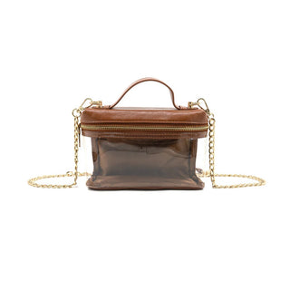 Brown handbag with clear front pocket and gold chain strap on a white background
